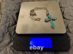 Vintage 925 Sterling Silver Large Turquoise Cross Pendant Figaro Chain Necklace