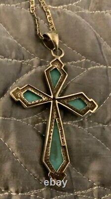 Vintage 925 Sterling Silver Large Turquoise Cross Pendant Figaro Chain Necklace