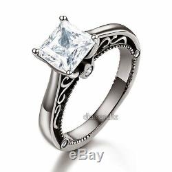 Vintage Art Deco Engagement Anniversary Ring Black 925 Silver Man Made Diamond