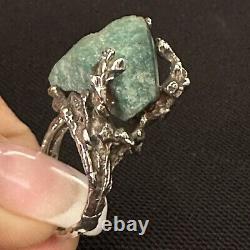Vintage Artisan Made Estate Sterling Silver Raw Emerald Brutalist Ring Size 7.25