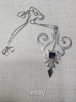 Vintage Artisan Made Sterling Silver And Amethyst Pendant Necklace Navajo