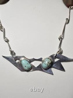 Vintage Artisan Made Sterling Silver And Turquoise Pendent And Chain With