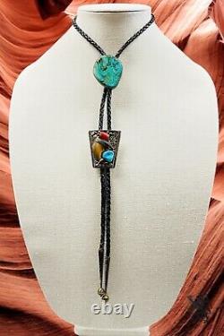 Vintage Artist Made Sterling Silver Natural Turquoise Coral Bolo Tie Necklace