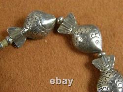 Vintage Bench Made Stamped Sterling Silver Puffy Fish Bead Bracelet Old Mexico
