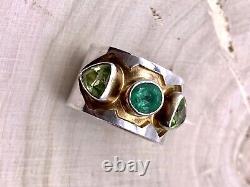 Vintage Custom Made Sterling Silver Emerald Peridot Ring Modernist Design