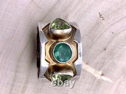Vintage Custom Made Sterling Silver Emerald Peridot Ring Modernist Design