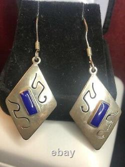 Vintage Estate Sterling Silver Blue Lapis Lazuli Earrings Made Mexico Gemstone