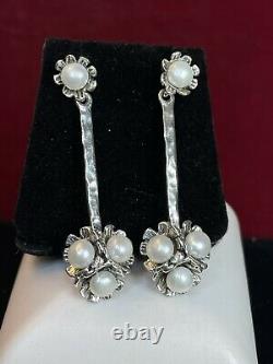 Vintage Estate Sterling Silver Cultured Pearl Earrings Drop Dangle Made Isreal