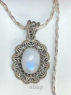 Vintage Estate Sterling Silver Moonstone Pendant Necklace Made In India Gemstone