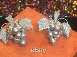 Vintage Estate Sterling Silver Taxco Earrings Grapes 3-d Large Made In Mexico