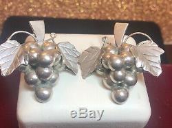 Vintage Estate Sterling Silver Taxco Earrings Grapes 3-d Large Made In Mexico