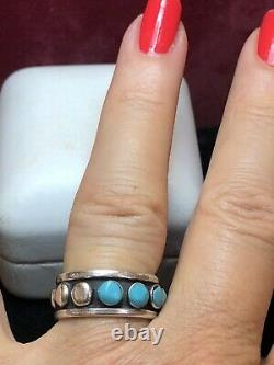 Vintage Estate Sterling Silver Turquoise Ring Band Signed Made In Mexico