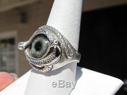 Vintage Genuine Glass Eyeball Ring, Egyptian Revival Snakes, Well Made sz 9-1/2