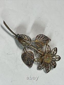 Vintage Hand Made Deco Flower 800 Sterling Silver Filigree Brooch Pin