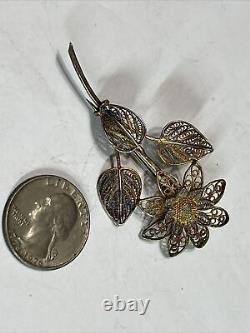 Vintage Hand Made Deco Flower 800 Sterling Silver Filigree Brooch Pin