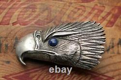 Vintage Hand Made Eagle Head Sterling Silver Blue Stone Western Belt Buckle