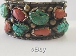 Vintage Hand Made Navajo Turquoise & Coral Cuff Bracelet Signed JD 103 Grams