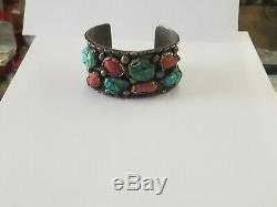 Vintage Hand Made Navajo Turquoise & Coral Cuff Bracelet Signed JD 103 Grams