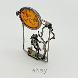Vintage Hand Made Sterling Silver Baltic Amber Pin Man & Dog with Tree Design 925