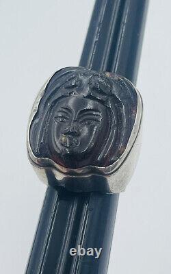 Vintage Hand Made Sterling Silver & Carved Amber Lady Face Large Ring Size 7