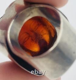Vintage Hand Made Sterling Silver & Carved Amber Lady Face Large Ring Size 7