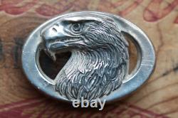Vintage Hand Made Sterling Silver Cast Eagle Head Western Belt Buckle