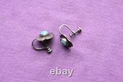 Vintage Hand Made Sterling Silver Flower Turquoise Earrings