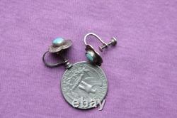 Vintage Hand Made Sterling Silver Flower Turquoise Earrings