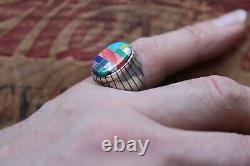 Vintage Hand Made Sterling Silver Multi Stone Inlay Ring 13.3 g Size 9.25
