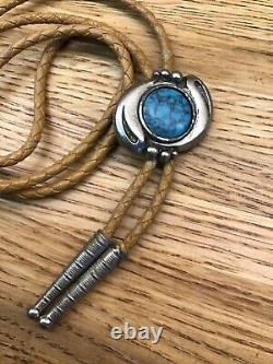 Vintage Hand Made Sterling Silver Native American Turquoise Bolo Tie F2
