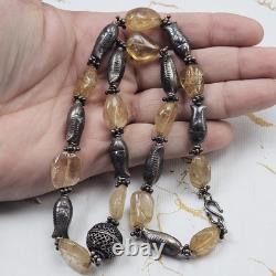 Vintage Hand Made Sterling Silver Nepalese Citrine Necklace Silver Fish Beads