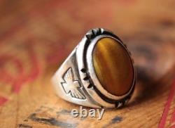 Vintage Hand Made Sterling Silver Tiger Eye Thunderbird Ring 15.7 g Size 10.75
