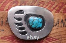 Vintage Hand Made Sterling Silver Turquoise Bear Paw Turquoise Belt Buckle