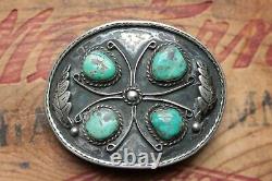 Vintage Hand Made Sterling Silver Turquoise Iron Cross Western Belt Buckle