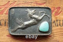 Vintage Hand Made Sterling Silver Turquoise Native American Horse Belt Buckle