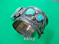 Vintage Hand Made Sterling Silver Turquoise Watch Cuff Bracelet