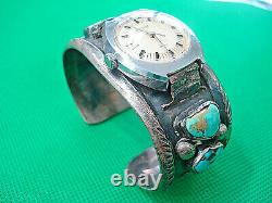 Vintage Hand Made Sterling Silver Turquoise Watch Cuff Bracelet