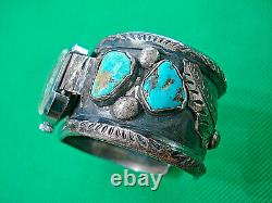 Vintage Hand Made Sterling Silver Turquoise Watch Cuff Bracelet