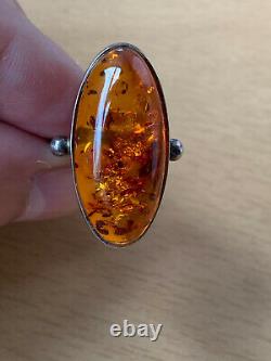 Vintage Large Amber Ring 925 Sterling Silver Made In Poland Amazing Honey Color