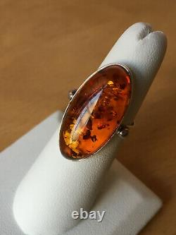 Vintage Large Amber Ring 925 Sterling Silver Made In Poland Amazing Honey Color