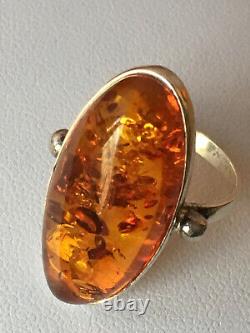 Vintage Large Amber Ring 925 Sterling Silver Made In Poland Amazing Honey Color