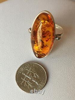 Vintage Large Amber Ring 925 Sterling Silver Made In Poland Amazing Honey Color