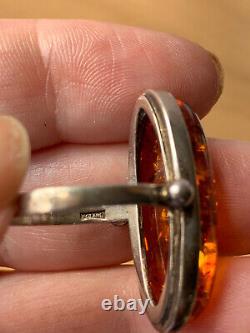 Vintage Large Amber Ring 925 Sterling Silver Made In Poland Amazing Honey Color