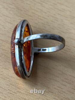 Vintage Large Amber Ring 925 Sterling Silver Made In Poland Amazing Honey Color