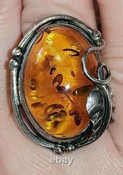 Vintage Large Baltic Amber & Sterling Silver Ring- Sz 8- 13.9 G-Made in Poland