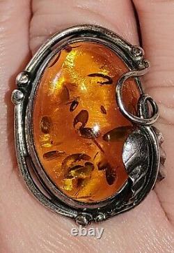 Vintage Large Baltic Amber & Sterling Silver Ring- Sz 8- 13.9 G-Made in Poland