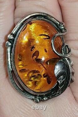 Vintage Large Baltic Amber & Sterling Silver Ring- Sz 8- 13.9 G-Made in Poland