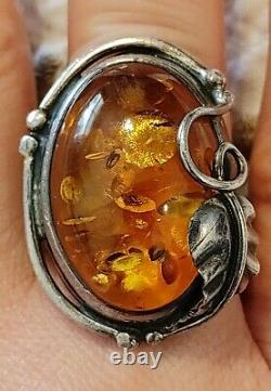 Vintage Large Baltic Amber & Sterling Silver Ring- Sz 8- 13.9 G-Made in Poland