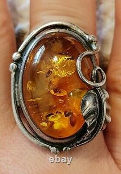 Vintage Large Baltic Amber & Sterling Silver Ring- Sz 8- 13.9 G-Made in Poland