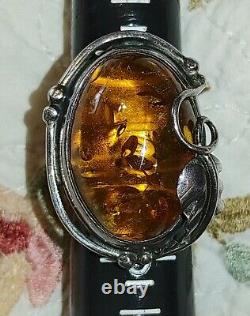 Vintage Large Baltic Amber & Sterling Silver Ring- Sz 8- 13.9 G-Made in Poland